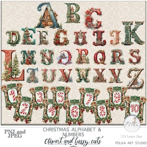 Christmas Junk Journal Fussy Cuts and Clipart Alphabet Letters and Numbers, Journaling,Printable Digital Download,  Ephemera, Collage Pages