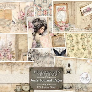 Junk Journal Kit Shabby Chic Neutraal Kant Decoratieve Journalingpagina's, Vintage Afdrukbaar Dagboek, Collagebladen, Digitale Download Papers