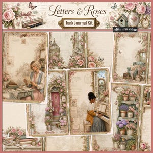 Pode incluir: Um kit de diário criativo Letters & Roses com várias folhas de papel decorativas com ilustrações vintage de arranjos florais, uma pessoa lendo uma carta, tocando piano, uma casa de pássaros, uma gaiola e uma estante de livros.