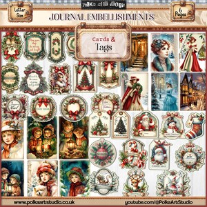 Enfeites decorativos de Natal vitorianos vintage digitais, cartões de diário de lixo, materiais de artesanato, imprimíveis de Natal, etiquetas vintage