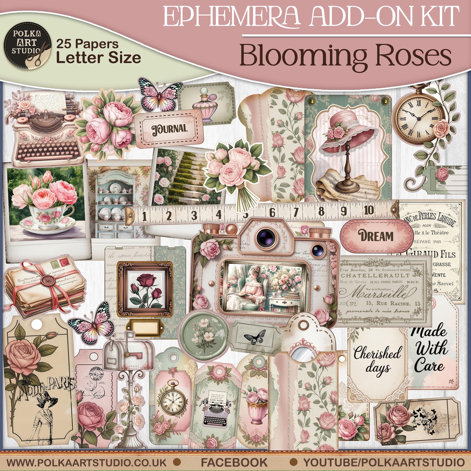 Blooming Roses Ephemera Kit: Shabby Chic Junk Journal Embellishments ...