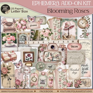 Roses Junk Journal Ephemera Add-On Kit – Afdrukbare tags, zakken, versieringen | Set met shabby-chic bloemenplakboeken | Digitale download
