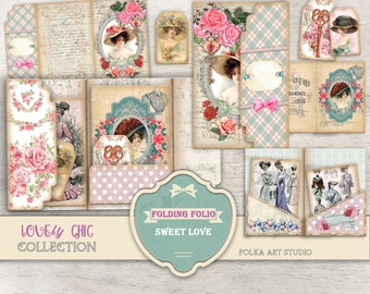 Junk Journal Folding Folio, Ephemera, kaarten en tags "Sweet Love" Vintage shabby chic Fashion, Digitale Instant download, Letter-formaat en A4