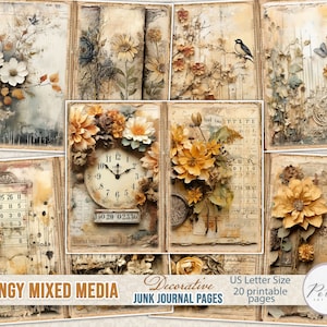 May include: 20 printable pages of decorative junk journal pages with a vintage, grunge aesthetic. The pages feature floral designs, clocks, and text in a muted color palette of beige, brown, and cream.