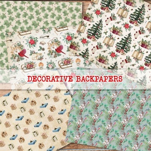 May include: Four different digital paper designs featuring a Christmas theme. The designs include a red cardinal on a sleigh, a Christmas tree, a gift box, and a winter floral pattern.