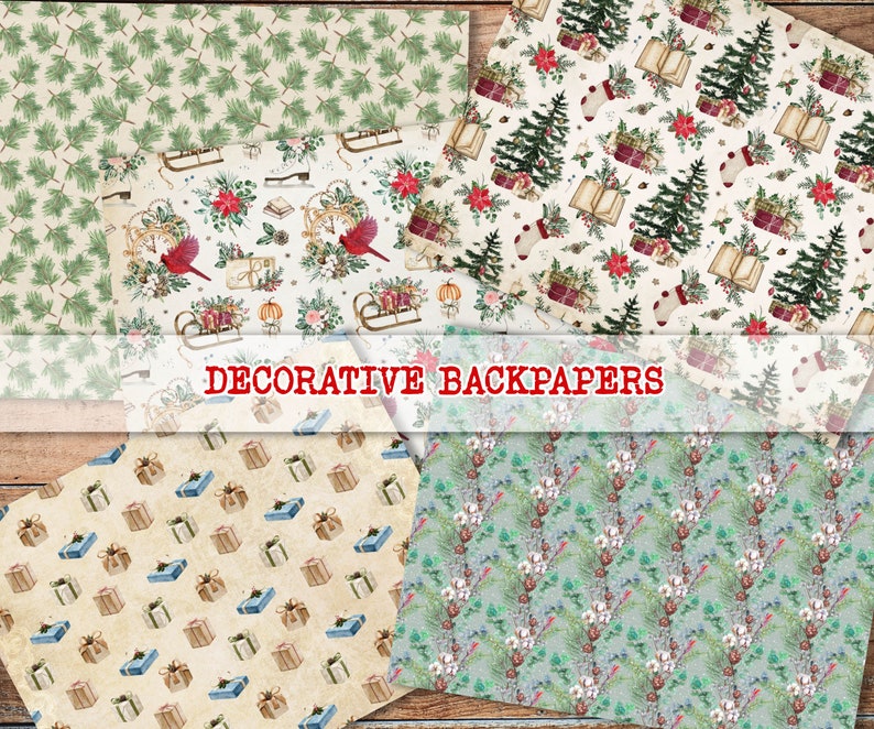 May include: Four different digital paper designs featuring a Christmas theme. The designs include a red cardinal on a sleigh, a Christmas tree, a gift box, and a winter floral pattern.