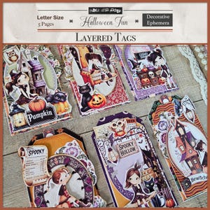 May include: A collection of layered Halloween tags with illustrations of witches, black cats, pumpkins, and haunted houses. The tags feature the words "Pumpkin", "Spooky", "Spooky Hollow", and "Trick or Treat". The tags are decorative ephemera.