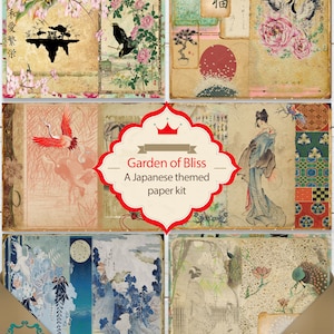 Pacchetto di carta vintage stampabile digitale giapponese "Giardino della beatitudine" - 10 pagine per collage/ scrapbooking/ diario/ decoupage