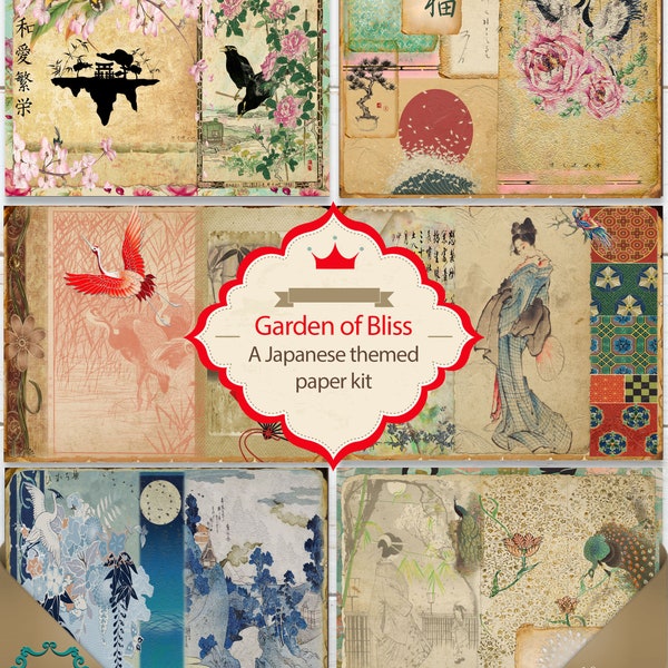 Japanisches Digitales Vintage Papier Pack "Garten der Glückseligkeit" -10 Collage/ Scrapbooking/ Journal/ Decoupage Seiten