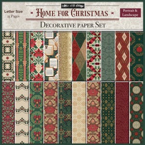 May include: A decorative paper set titled "Home for Christmas" with various patterns. The designs include poinsettias, musical notes, and geometric shapes in red, green, and gold. The set is letter size with 25 pages.