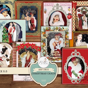 デジタル クリスマス カード - ArtDeco クリスマス カード - 印刷可能なヴィンテージ クリスマス カードのダウンロード、コラージュ シート、デジタル クリスマス ペーパー