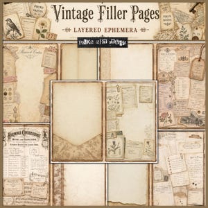 May include: A collection of vintage-style digital filler pages featuring layered ephemera, including aged paper textures, botanical illustrations, handwritten notes, postage stamps, and musical scores with the text Vintage Filler Pages.