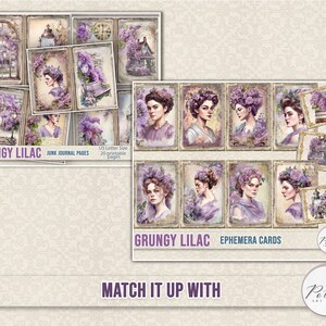 Peut inclure: Un ensemble de 20 pages de journal et cartes d'&eacute;ph&eacute;m&egrave;res imprimables avec un style grunge, des fleurs lilas, des femmes et des &eacute;l&eacute;ments vintage. Le texte "Grungy Lilac" appara&icirc;t sur les pages et les cartes.