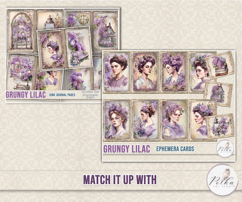 Peut inclure: Un ensemble de 20 pages de journal et cartes d'&eacute;ph&eacute;m&egrave;res imprimables avec un style grunge, des fleurs lilas, des femmes et des &eacute;l&eacute;ments vintage. Le texte "Grungy Lilac" appara&icirc;t sur les pages et les cartes.
