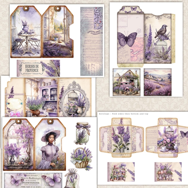 Vintage Lavender Junk Journal Digital Add-On Kit, Floral Printable Decorative Ephemera, Rural Provence Tags, pockets Embellishments image 6