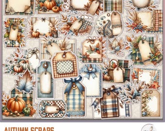 Puede incluir: Un conjunto de papel de scrapbooking de temática otoñal imprimible con etiquetas, etiquetas y recortes. El papel presenta una variedad de colores otoñales, incluyendo naranja, marrón, rojo y amarillo. Los diseños incluyen calabazas, hojas y otros motivos otoñales. El papel es perfecto para crear tarjetas, páginas de álbumes de recortes y otras manualidades.