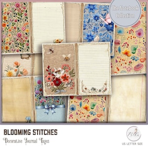 Digital Junk Journal Floral Stickerei Digitale dekorative Journal Seiten, Vintage Notebook Seiten, Dekorpapier Aquarell Download