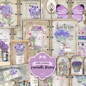 Kit diario spazzatura, Sogno di lavanda, carta stampabile lavanda floreale vintage, kit di download digitale, pagine di lavanda francese shabby chic