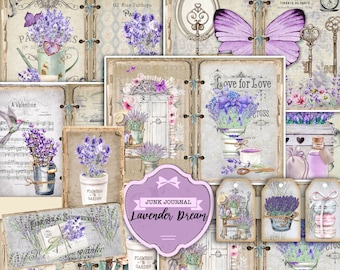 May include: A collection of digital scrapbook paper featuring a lavender theme. The papers include images of lavender flowers, butterflies, keys, and vintage-style text. The papers are perfect for creating cards, invitations, and other paper crafts.