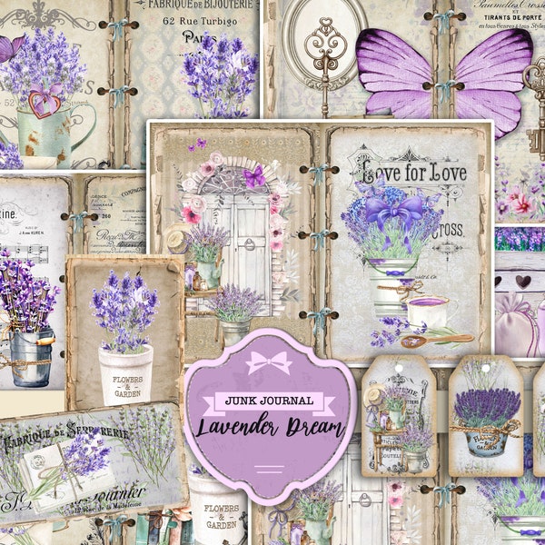 Junk Journal Kit, Lavender Dream, Vintage Floral Lavender Printable Paper, Digital Download Kit, Shabby Chic French Lavander Pages