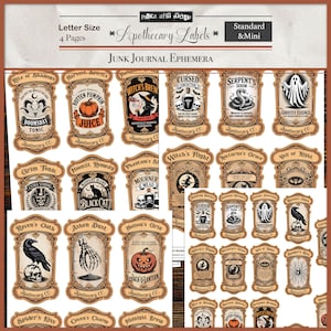 May include: A sheet of apothecary labels with a vintage aesthetic. The labels feature various spooky themes, including potions, ghosts, and pumpkins. Text includes "Witch's Brew," "Cursed Concoction," and "Harvest Spirits." The labels are designed for junk journals.