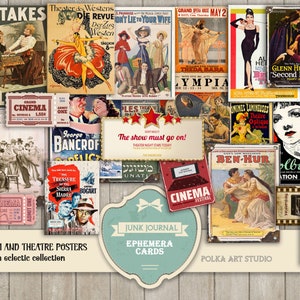 Junk Journal Ephemera Cards "Film- en theaterposters" Een eclectische collectie, vintage afbeeldingen, scrapbooking, digitale afdrukbare kaarten