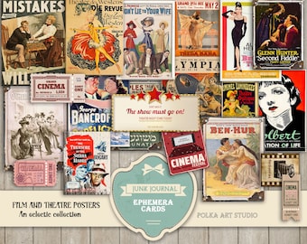 May include: A collage of vintage film and theatre posters with a variety of themes, including a play called "The Show Must Go On!" and a movie called "Ben-Hur". The posters are in various colors and styles, and some feature images of actors and actresses.