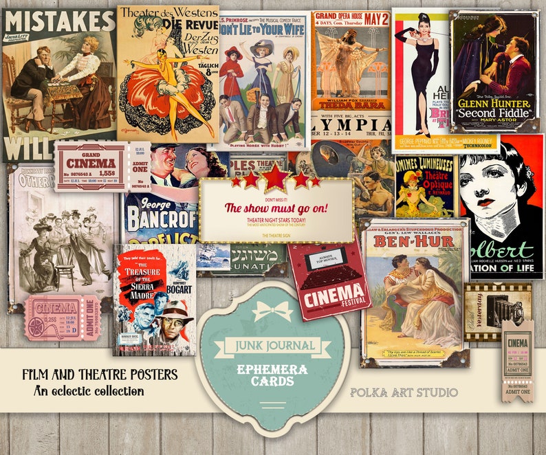 Junk Journal Ephemera Cards 'Film and Theatre Posters' An Eclectic collection, Vintage images, Scrapbooking,Digital printable cards 