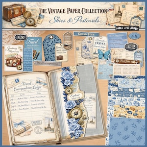 May include: A vintage paper collection titled "Skies & Postcards" featuring travel-themed ephemera. Includes a journal, postcards, tags, and decorative elements with blue floral and compass designs. The journal is open, displaying handwritten notes and travel details.