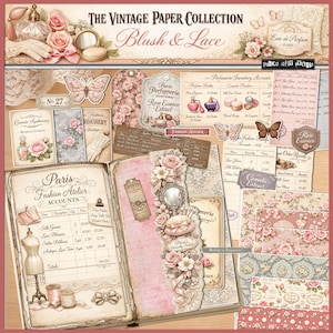 May include: A collection of vintage paper ephemera with a blush and lace theme. The image features perfume bottles, ledger pages, floral accents, and butterfly motifs. The text reads "The Vintage Paper Collection Blush & Lace."