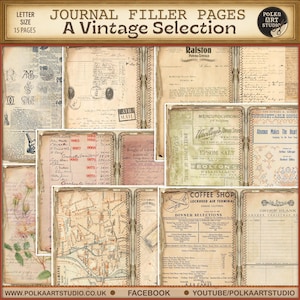 Junk Journal Seiten Vintage Kalligraphie und Schriften Kit, Neutrale Journalseiten, druckbares Journal, Collage, Polka Art Studio Journal Kit