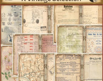 May include: A collection of 15 vintage journal filler pages featuring a variety of designs, including a map, a menu, and a page of handwritten notes. The pages are all in shades of brown, cream, and white.
