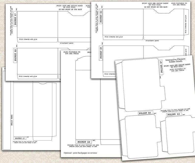 May include: Printable template for creating interactive folder panels. The template includes five pockets labeled "Pocket D1", "Pocket D2", "Pocket E1", "Pocket E2", and "Pocket E3". The template also includes instructions to print on your own design paper and cut out and trace the panels.