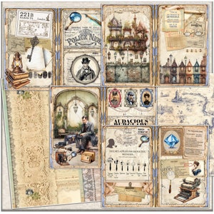 May include: A vintage-style collage featuring images of a detective, a magnifying glass, a house, a map, and a typewriter. The collage is decorated with lace, floral patterns, and text that includes "221B Baker St. London" and "Audacious Deduction".
