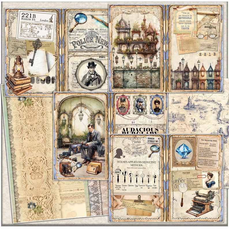 May include: A vintage-style collage featuring images of a detective, a magnifying glass, a house, a map, and a typewriter. The collage is decorated with lace, floral patterns, and text that includes "221B Baker St. London" and "Audacious Deduction".