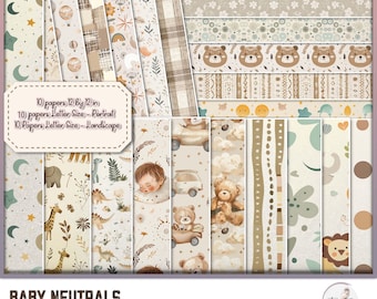 May include: A set of 10 digital papers featuring a variety of cute baby-themed patterns in neutral colors. The patterns include stars, clouds, animals, and geometric shapes. The papers are available in 12x12 inch and letter size.
