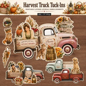 May include: A collection of printable harvest-themed journal embellishments featuring vintage trucks, a person, a fox, a cat, a dog, pumpkins, apples, sunflowers, and signs with text including Harvest Truck Tuck-Ins and Autumn Memories.