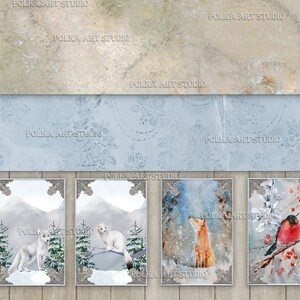 May include: Four watercolor paintings in ornate frames. The paintings depict a white arctic fox in a snowy landscape, a white arctic fox in a snowy landscape, a red fox in a snowy landscape, and a red robin perched on a branch with red berries in a snowy landscape.