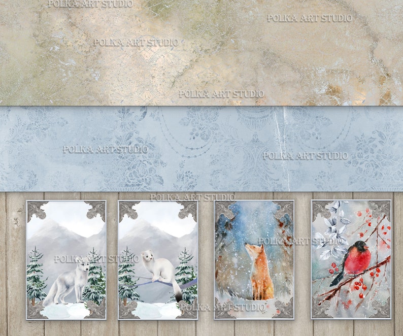 May include: Four watercolor paintings in ornate frames. The paintings depict a white arctic fox in a snowy landscape, a white arctic fox in a snowy landscape, a red fox in a snowy landscape, and a red robin perched on a branch with red berries in a snowy landscape.