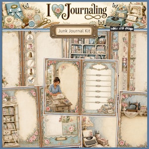 Könnte beinhalten: Ein Junk-Journal-Set mit Papierbögen im Vintage-Stil, floralen Mustern, Illustrationen von Nähmaschinen, Schreibmaschinen, Bücherregalen und einer Person, die in ein Buch schreibt. Das Set enthält dekorative Ränder, Taschen und linierte Schreibflächen.