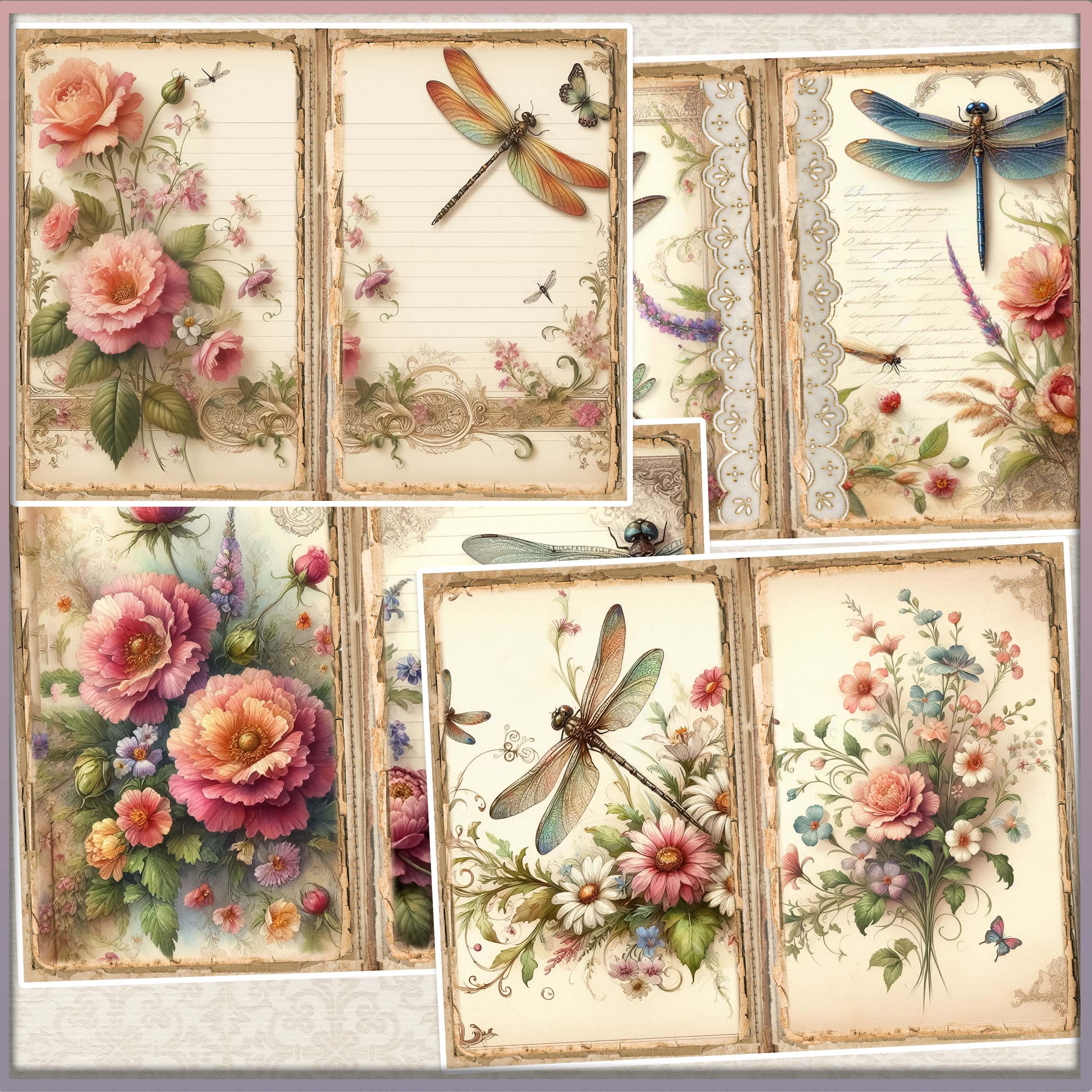 Vintage Dragonfly Floral Junk Journal Kit: Printable Collage Pages ...