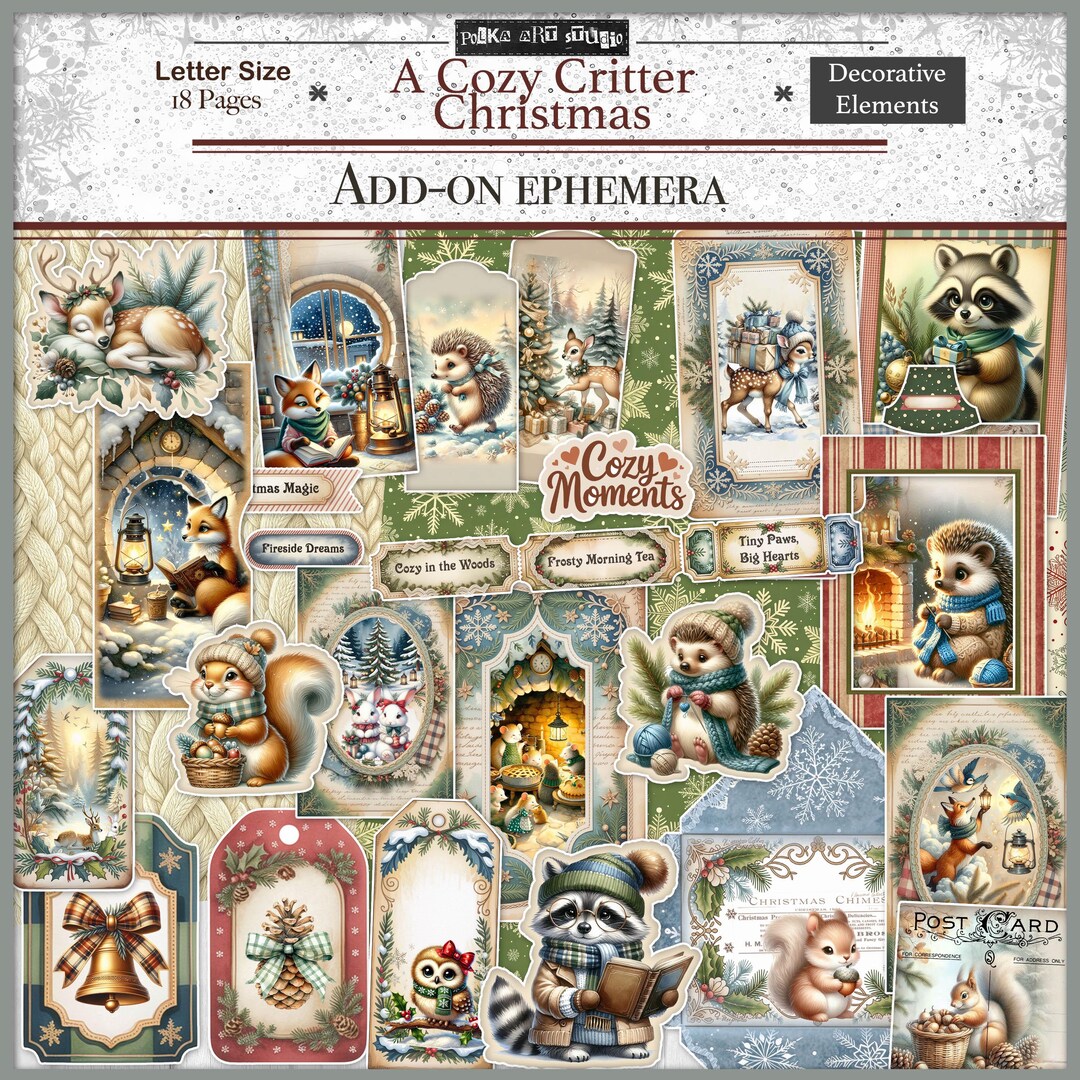 Digital Christmas Junk Journal Add-on Ephemera Kit Cozy Critters Winter ...