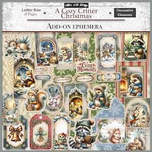 Può includere: Un set di elementi effimeri « A Cozy Critter Christmas ». Il set include elementi decorativi con illustrazioni di animali del bosco, come volpi, scoiattoli e procioni, a tema invernale. Il set include etichette, cartoline e altri elementi decorativi.