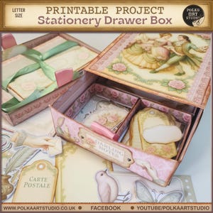 Scatola per cassetti per cancelleria con progetto stampabile digitale - Organizzatore di lettere in stile rococò romantico, kit per la conservazione di effimeri diari di cianfrusaglie, etichette, biglietti, carta