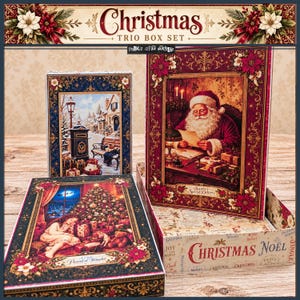 May include: A Christmas trio box set featuring three rectangular boxes with festive illustrations. One box shows Santa writing a letter, another depicts a snowy village scene, and the third shows a child by a Christmas tree. The base box is printed with the text Christmas Noel.