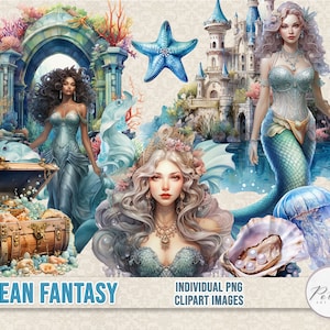 Digitale clipart illustratie mariene set, oceaan zeemeermin Fantasy clipart, afdrukbare png-bestandsdelen, stickers, vintage, junk Journal, plakboek
