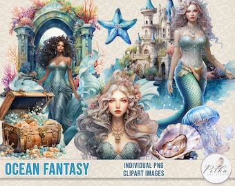 Conjunto de imágenes prediseñadas de sirenas: Imágenes PNG de fantasía oceánica para revistas basura (descarga digital)