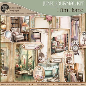 Puede incluir: Un kit de diario basura "I Am Home" con páginas tamaño carta. El kit incluye papeles decorativos y adornos. La imagen presenta un collage de ilustraciones de estilo vintage, que incluyen un rincón de lectura acogedor, un gato y una mujer tocando el violín.