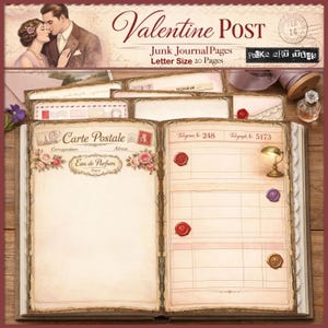 Może przedstawiać: Vintageowy junk journal zatytułowany "Valentine POST". Otwarte strony prezentują projekt "Carte Postale" z kwiatowymi akcentami i tekstem "Eau de Parfum PARIS". Dodatkowe strony zawierają układy telegramów z pieczęciami woskowymi.