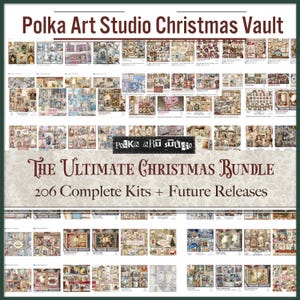 Puede incluir: Un anuncio de "Polka Art Studio Christmas Vault" que presenta una colección de kits con temática navideña. La imagen muestra varios diseños y diseños, con el texto "The Ultimate Christmas Bundle" y "206 Complete Kits + Future Releases".